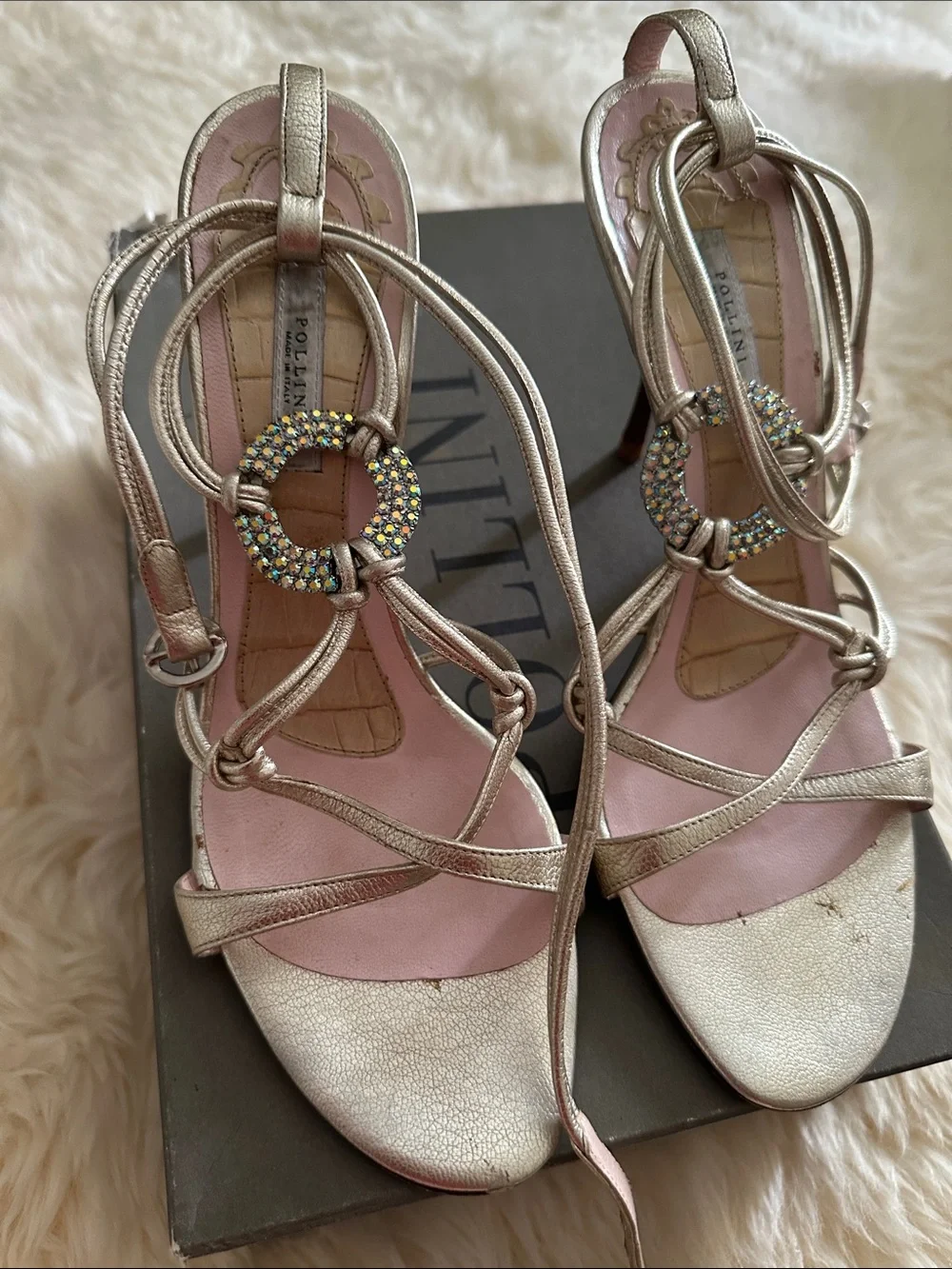 Pollini Metallic Gold Strappy Sandals with Pink Insole and Crystal Ring